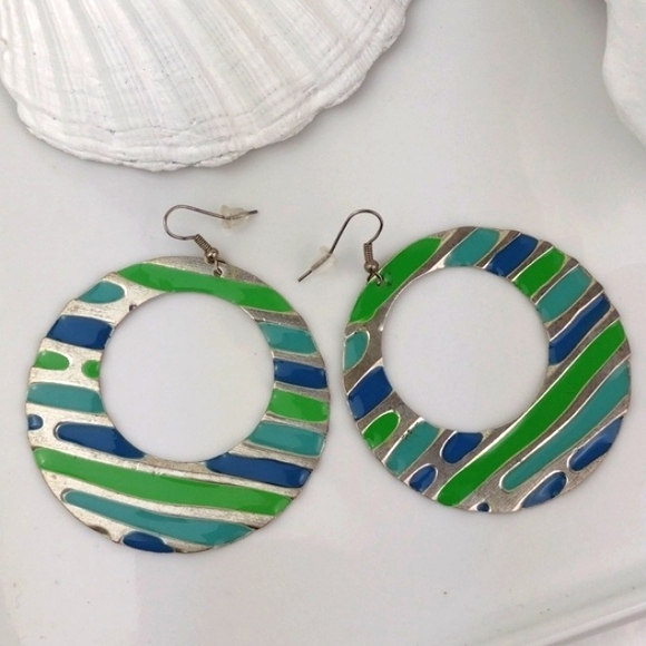 ♥️Bundle Only♥️ Vintage Style Enameled Blue & Green Hoop Disc Drop Earrings - Picture 7 of 7